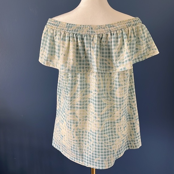 Lauren Conrad Breezy Top, off the shoulder, ruffle & neck smocking, mint/yellow - Picture 2 of 4